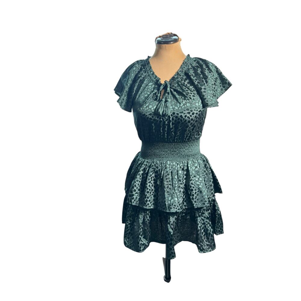 Bila 77 Mini Dress Sz. S - Satin, Forest Green, Tassle, Shirred, Tiered,  NYE